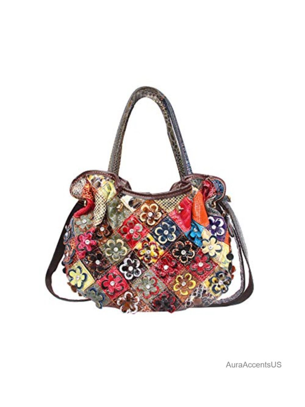 Genuine Leather Floral Shoulder Bag Crossbody Adjustable Strap Travel Purse